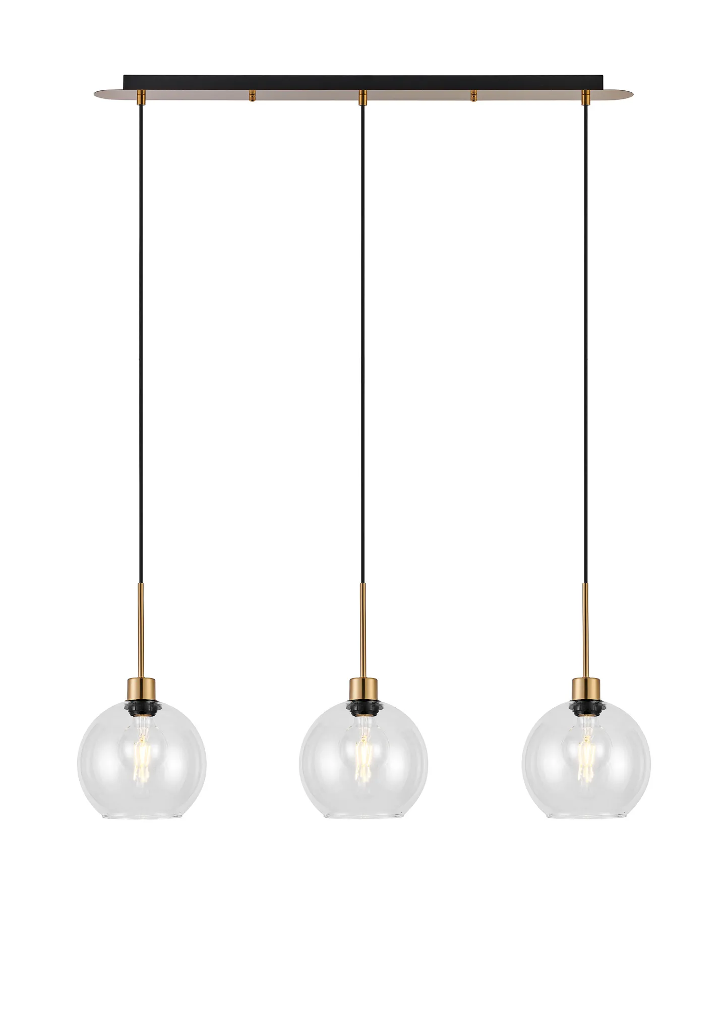 DK1209  Lori Linear Pendant, 3 Light Adjustable E27, Antique Gold/Clear Open Mouth Round Globe Shades